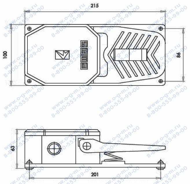 Чертёж педали пластмассовой PDNS11BX10 (1НО+1НЗ) 